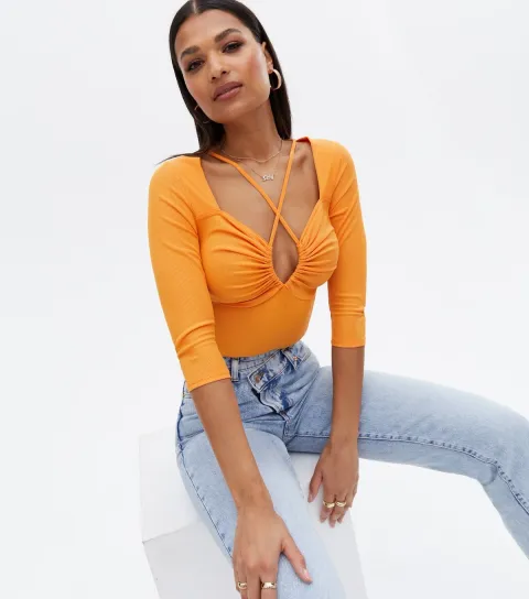 Women's Bright Orange Ribbed Strappy Cut Out Top