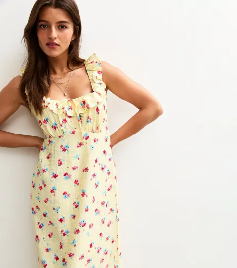 Women's Yellow Ditsy Print Sweetheart Neck Tie Back Midi Dress