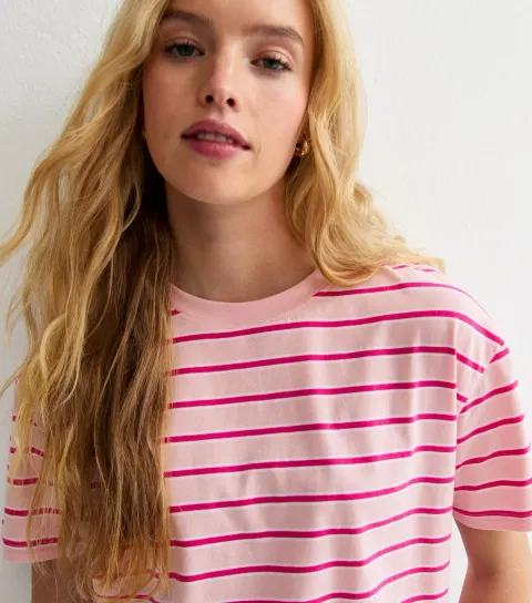 Women's Pink Striped Boxy Fit T-Shirt