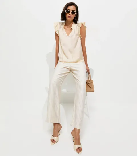 Women's Cream Frilly Cap Sleeve Tie Neck Top