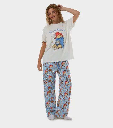 Skinnydip Women's Blue Cotton Paddington Bear Print T-Shirt and Trousers Pyjama Set With Eye Mask
