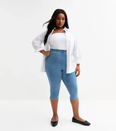 Women's Plus Size Blue Denim Capri Trousers Curves