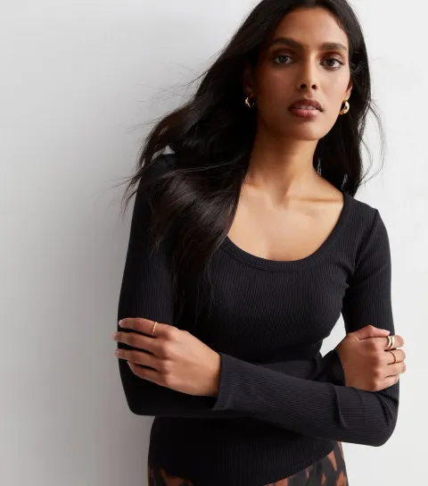 New Look Women's Black Ribbed Scoop Neck Top