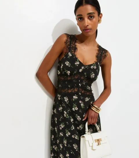 Women's Black Floral Print Lace Trim A-Line Midi Dress