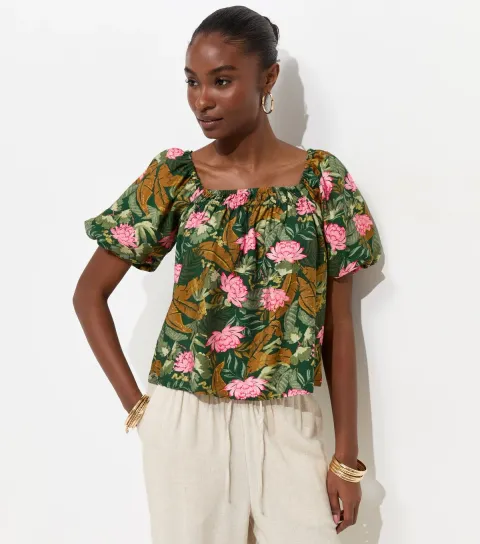 Women's Green Lotus Print Square Neck Blouse