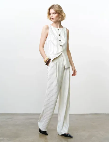 French Connection Pinstripe Pleat Front Wide Leg Trousers Cream Mix