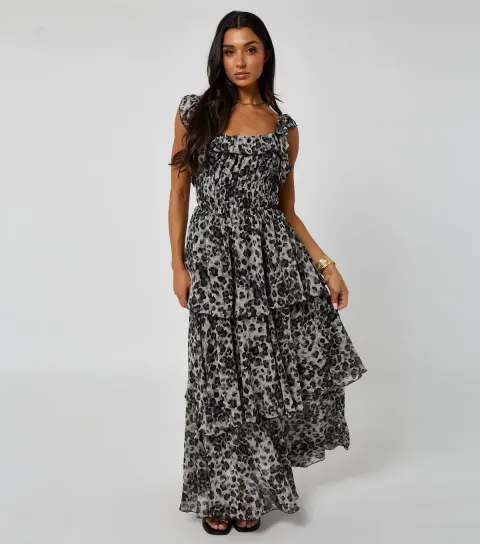 Women's Black Tiered Ruffle Midaxi Dress