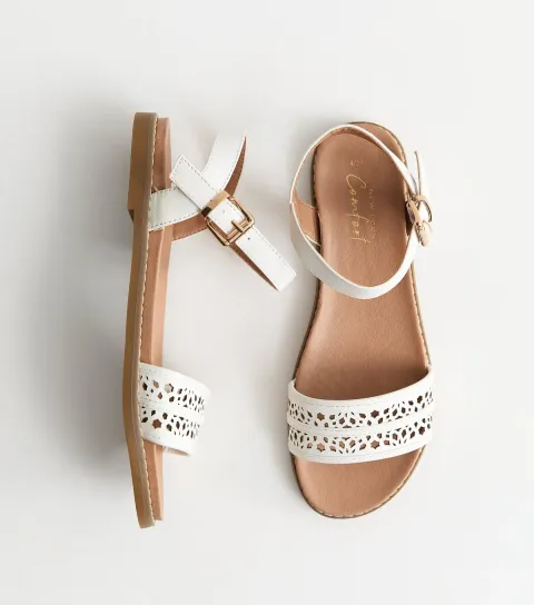 Women's White Faux Leather Cut Out Strap Flat Sandals Vegan
