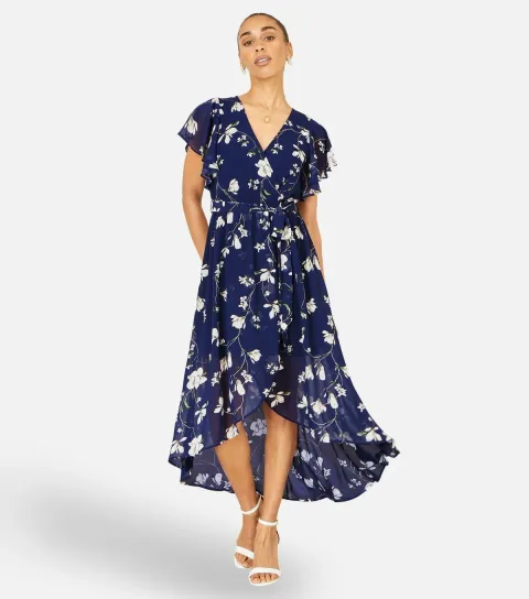 Women's Navy Floral Print Wrap Midi Dress