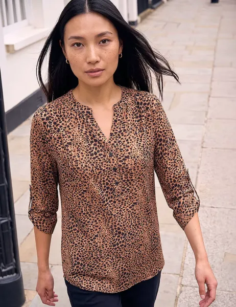 Roman Animal Print V-Neck Popover Blouse Beige