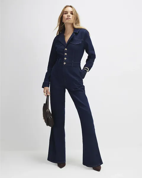River Island Denim Wide Leg Jumpsuit
