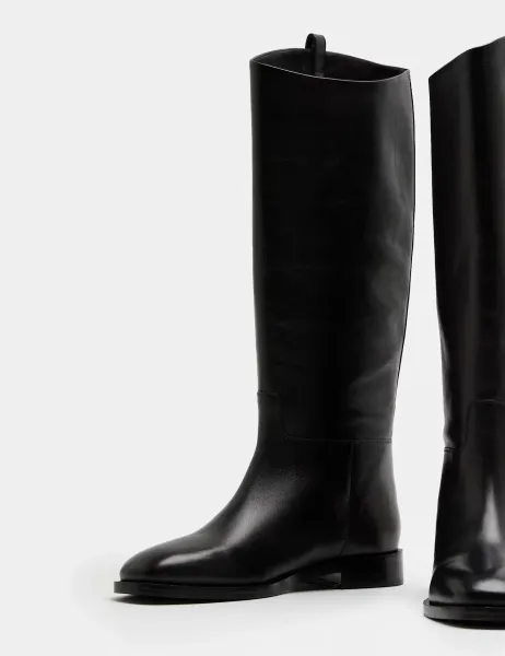 Marks & Spencer Leather Riding Block Heel Knee High Boots Black