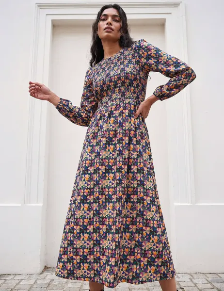 Roman Jersey Geometric Print Shirred Midi Dress Multi