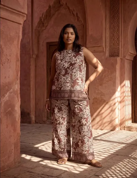 Live Unlimited London Printed Wide Leg Trousers Brown Mix