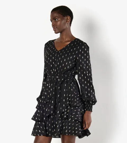 Women's Black Foil Spot Layered Long Sleeve Dress