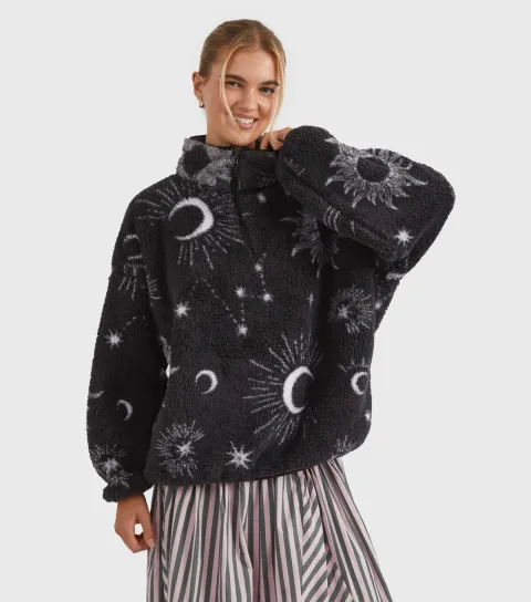 Women's Black Celestial Pattern Fleece Sweatshirt