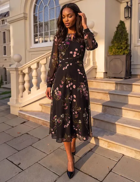Roman Floral Print Keyhole Long Sleeve Midi Dress Black