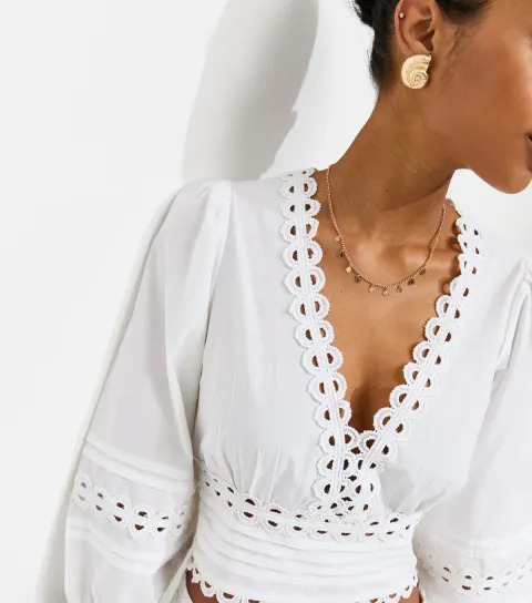 Women's White Pintuck Balloon Sleeve Cropped Blouse