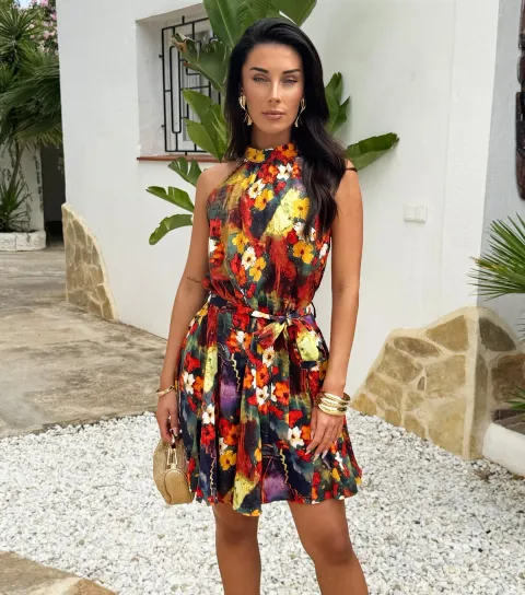 Women's Multicoloured Floral Halter Neck Mini Dress