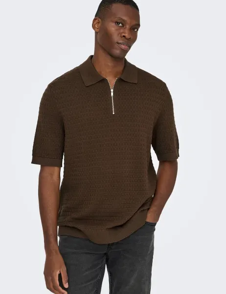 Only & Sons Pure Cotton Textured Knitted Polo Shirt Brown
