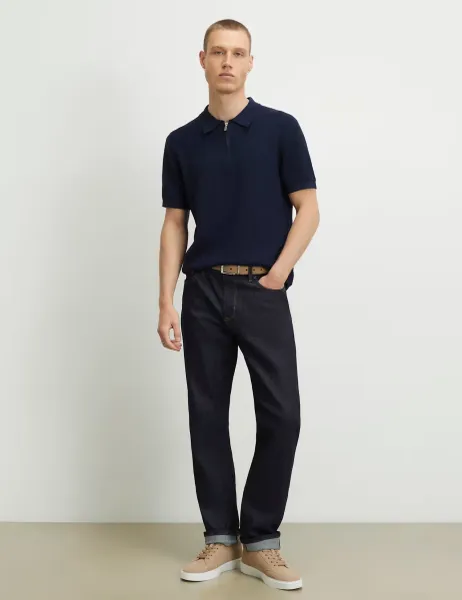River Island Pure Cotton Waffle Knitted Polo Shirt Navy