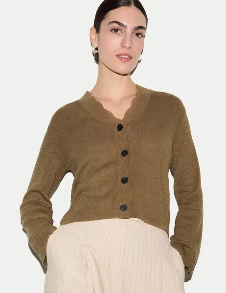 Jigsaw Linen Rich V-Neck Scallop Detail Cardigan Khaki