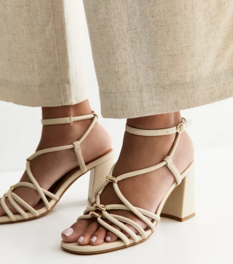 New Look Women's Off White Faux Leather Strappy Hardware Block Heel Sandals Vegan