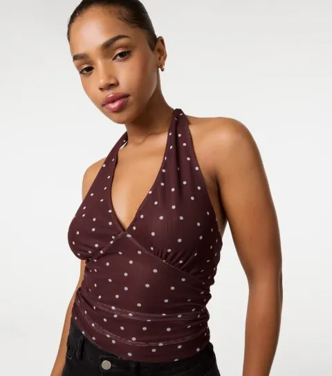 Women's Dark Brown Polka Dot Halter Neck Top