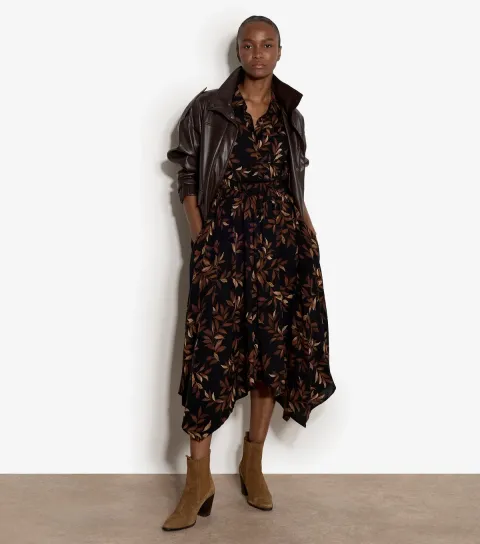 Apricot Women's Black Handkerchief Hem Leaf Print Midi Dress