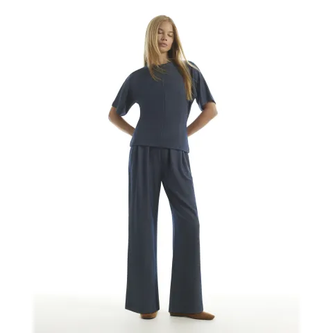 River Island Denim Look Pleated Wide Leg Trousers