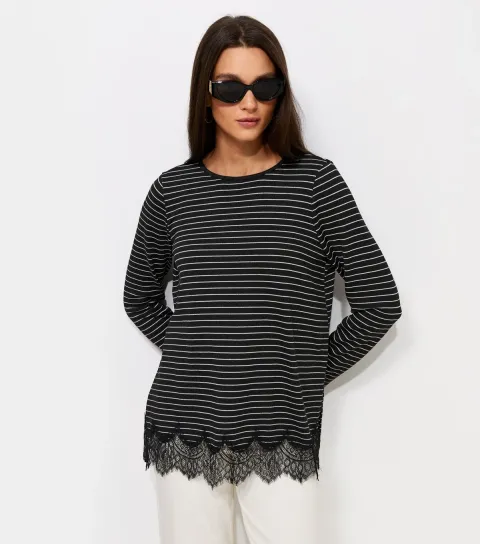 Women's Black Striped Scalloped Lace Hem Top