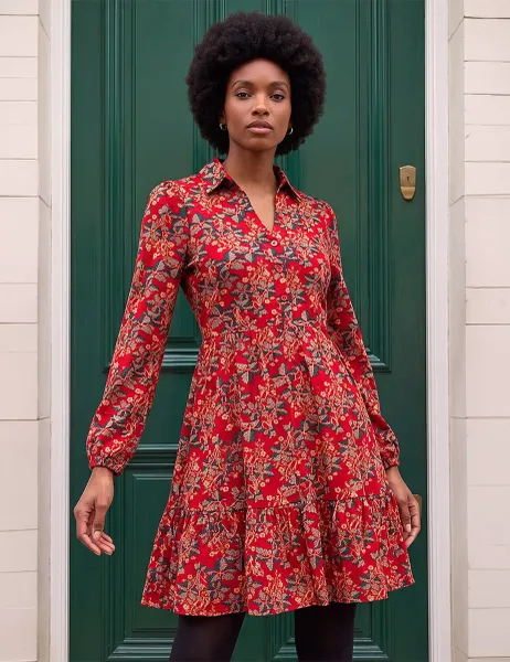 Roman Floral V Neck Collared Button Detail Knee Length Dress Red