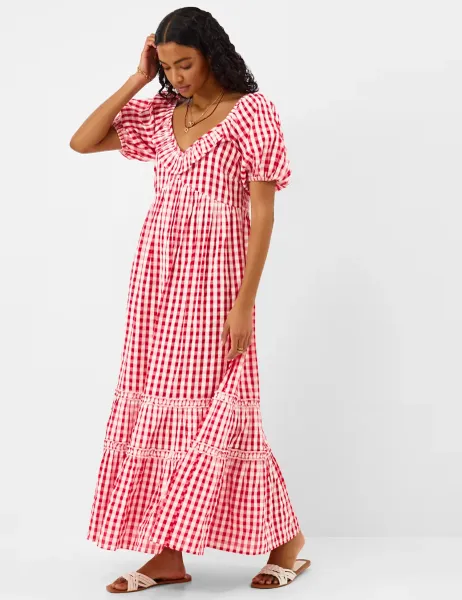 Accessorize Pure Cotton Gingham Maxi Tiered Dress Red