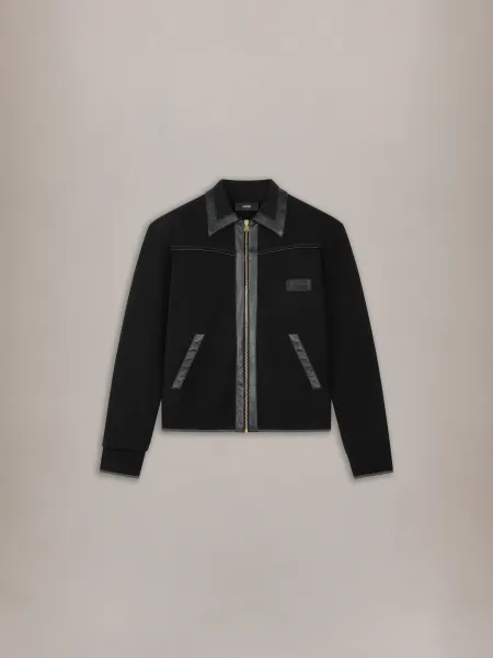 LEATHER TRIM ZIPPED BLOUSON - Black