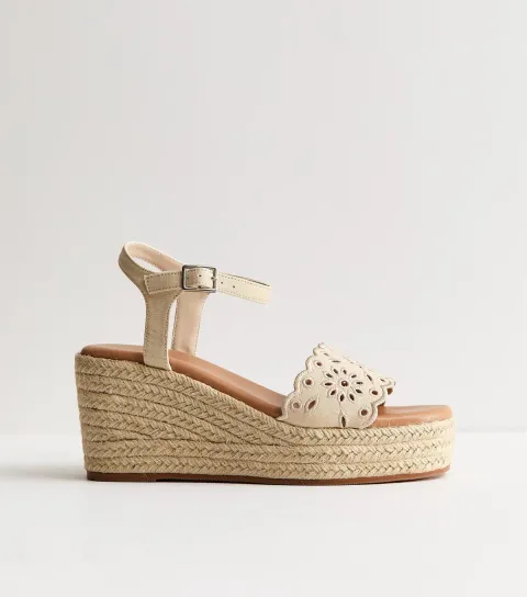 Women's Wide Fit Off White Broderie Anglaise Wedge Sandals Vegan