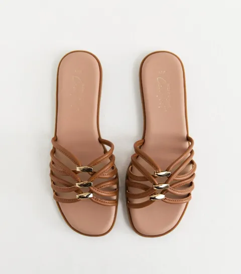 Women's Tan Faux Leather Strappy Hardware Mule Sandals Vegan