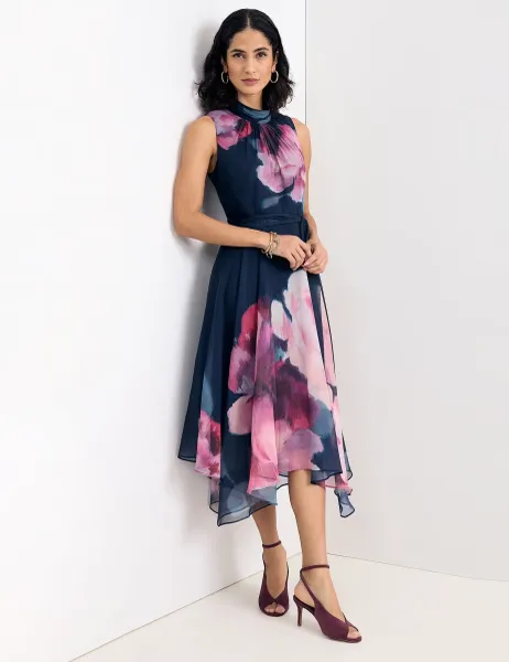 Phase Eight Floral High Neck Midi Waisted Dress Navy Mix