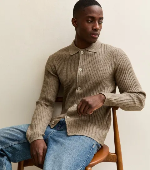 Jack & Jones Men's Cream Regular Ribbed Polo Cardigan