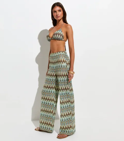 Women's Blue Zig Zag Crochet Knit Beach Trousers