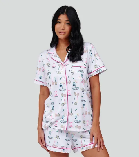 Women's White Tennis Print Short Sleeve Pyjama Set