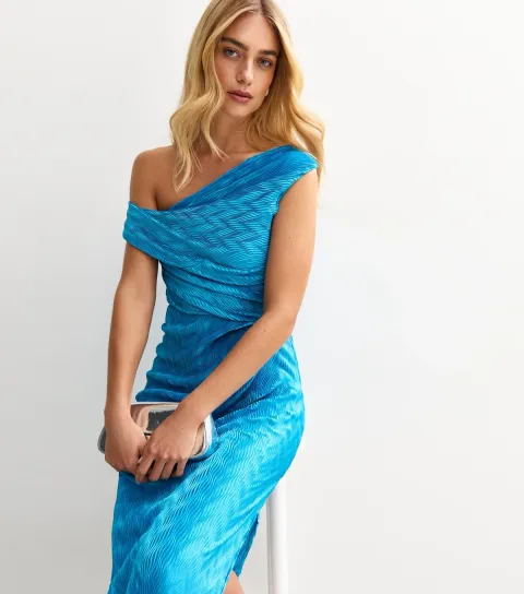 Women's Bright Blue Textured One Shoulder Slit Hem Midi Dress