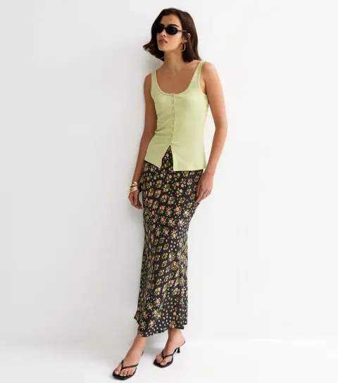 Women's Black Floral Bias Cut Midi Skirt