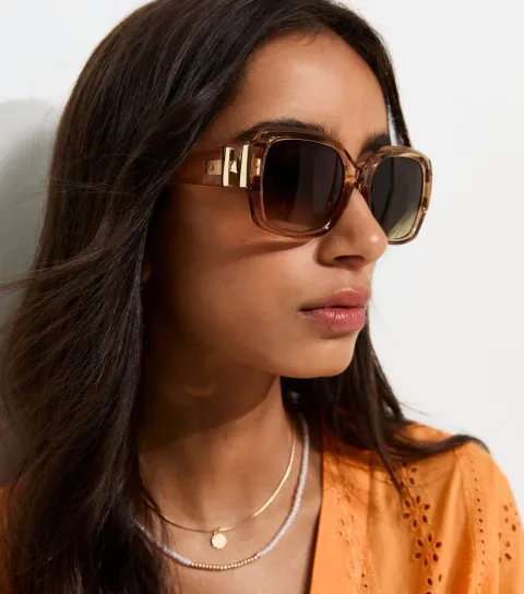 Light Brown Round Square Frame Temple Detail Sunglasses