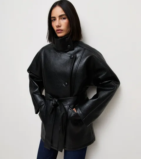 New Look Women's Black Faux Leather Funnel Neck Biker Jacket