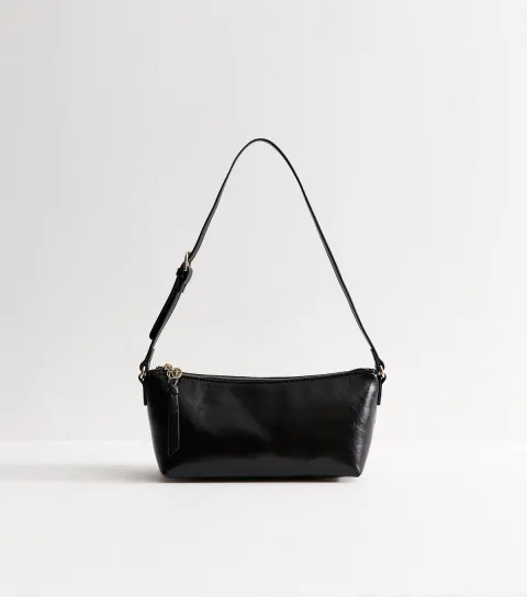 Black Faux Leather Crocodile Embossed Baguette Shoulder Bag