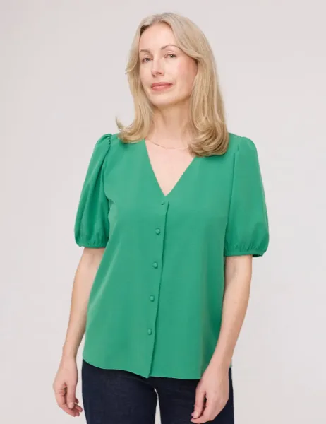 Finery London V-Neck Short Sleeve Button-Through Top Green