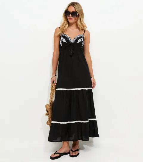 Women's Petite Black Embroidered Cotton Beach Maxi Dress