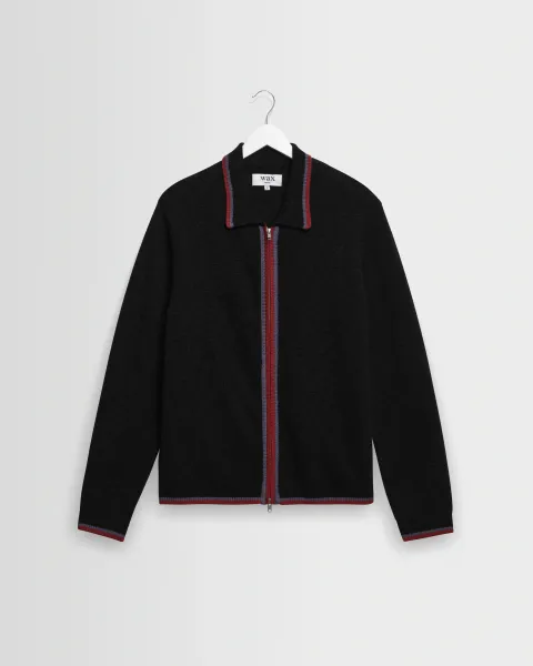 Lennox - Black and Maroon Long-Sleeve Knitted Zip Polo