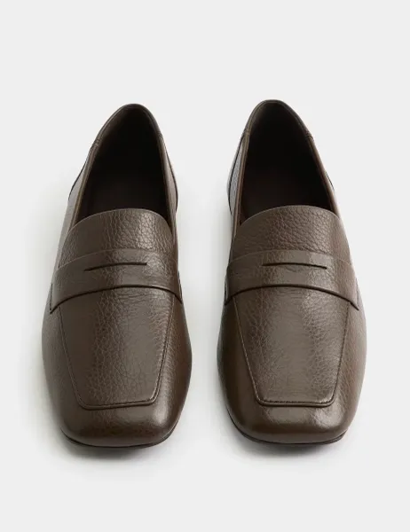 Marks & Spencer Leather Flat Square Toe Loafers Brown