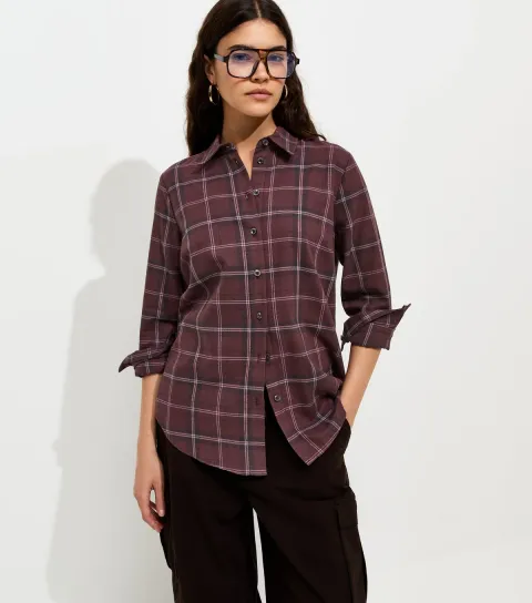 Women's Red Cotton Checked Long Sleeve Shirt
